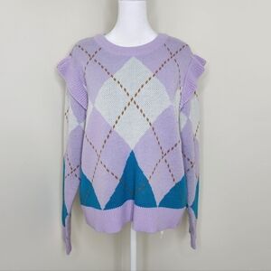 New York & Company Lavender & Teal Argyle Ruffle Shoulder Sweater Med Soft Girl